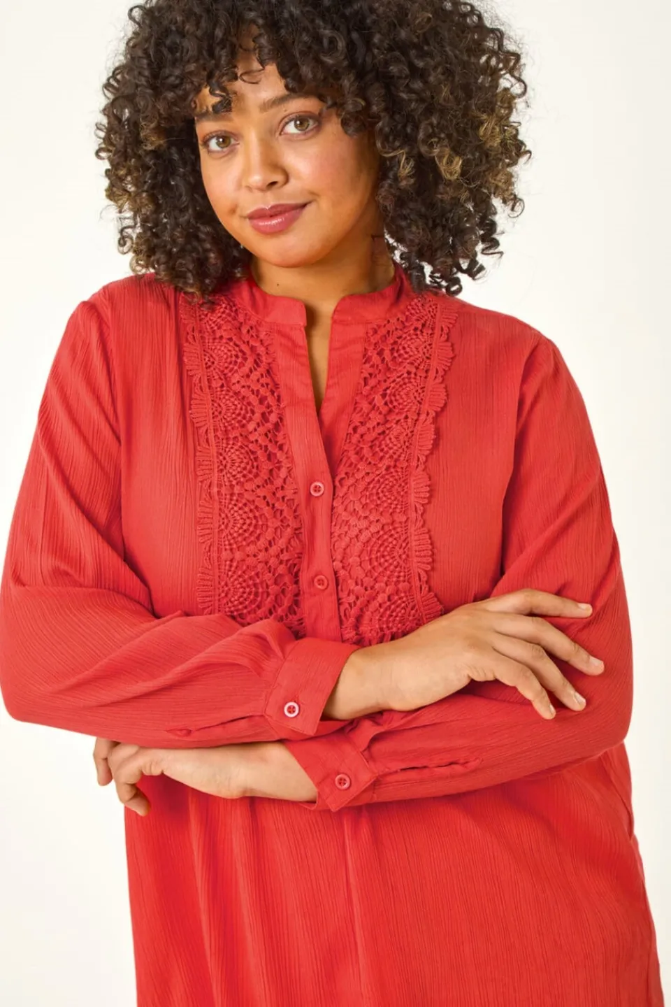 Tops>Roman Red Curve Lace Trim Pintuck Blouse