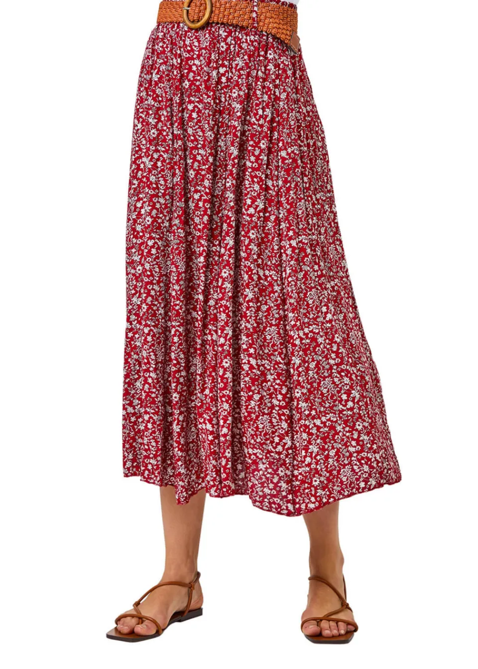 Skirts>Roman Red Ditsy Floral Belted Elastic Waist Midi Skirt