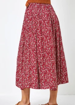 Skirts>Roman Red Ditsy Floral Belted Elastic Waist Midi Skirt
