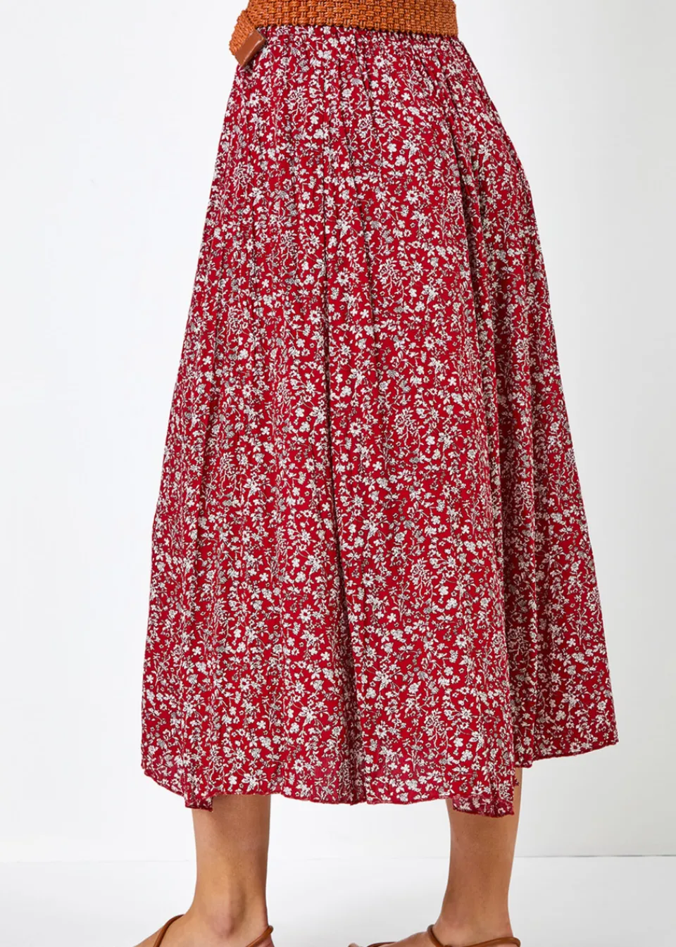 Skirts>Roman Red Ditsy Floral Belted Elastic Waist Midi Skirt