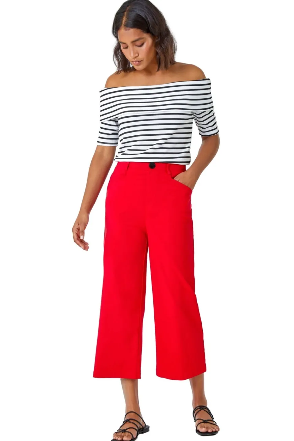 Trousers>Roman Red Elastic Waist Stretch Culotte