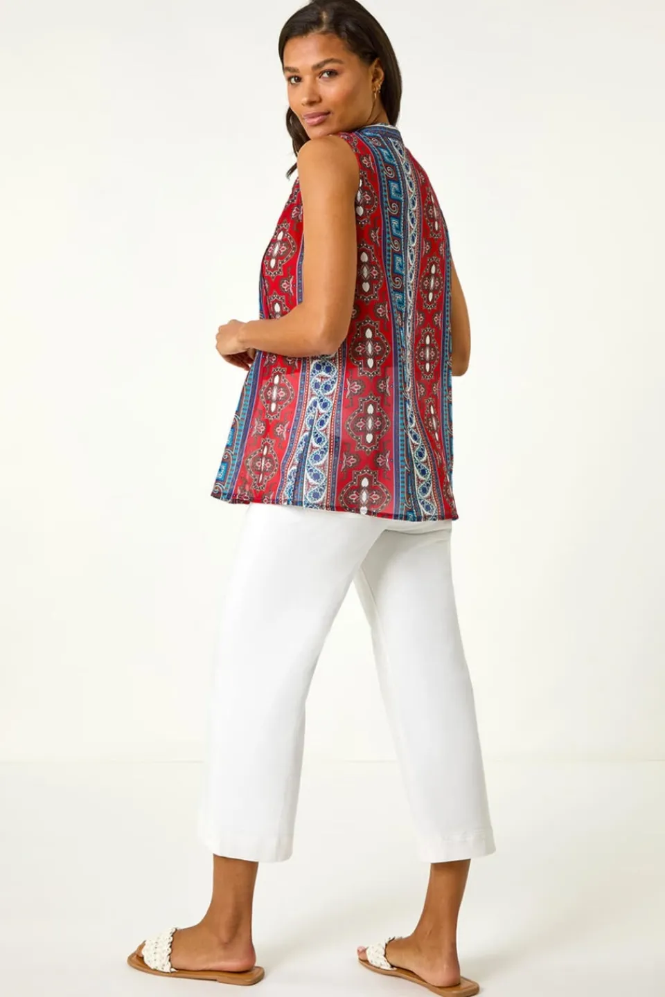Tops>Roman Red Embroidered Abstract Print V Neck Top