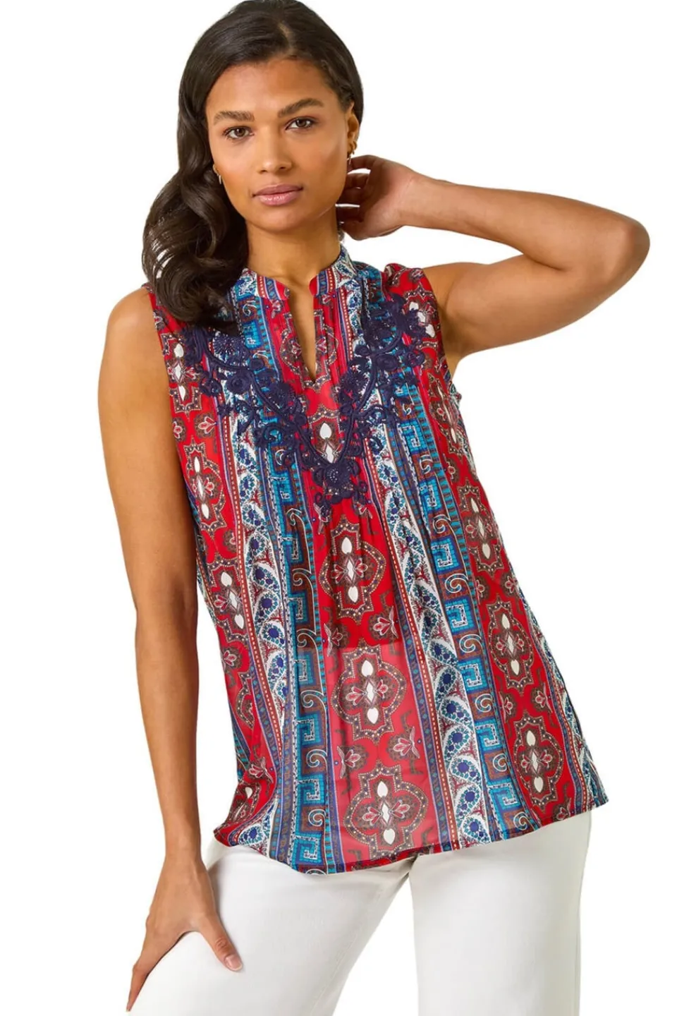 Tops>Roman Red Embroidered Abstract Print V Neck Top