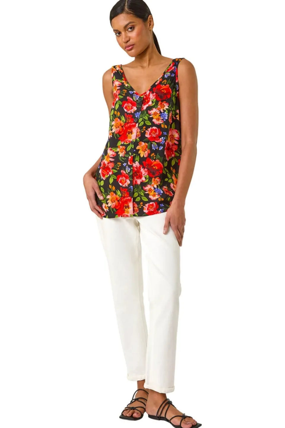 Tops>Roman Red Floral Buttoned Vest Top