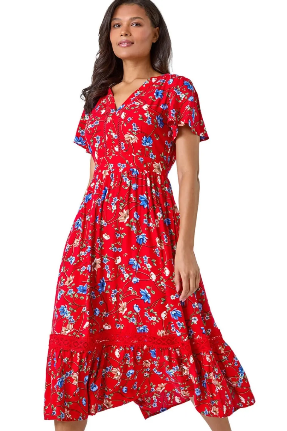 Dresses>Roman Red Floral Lace Trim Pocket Midi Dress