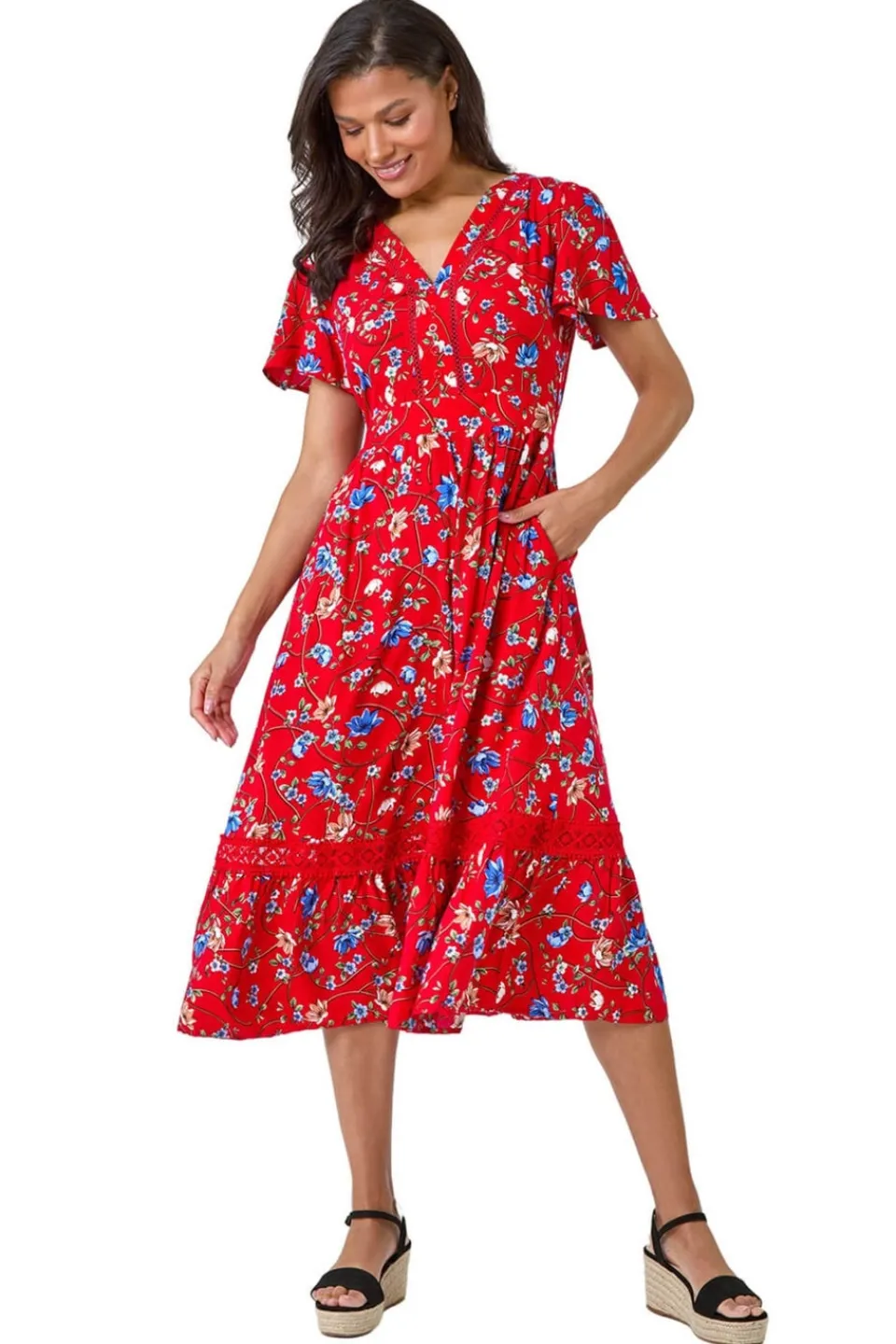 Dresses>Roman Red Floral Lace Trim Pocket Midi Dress