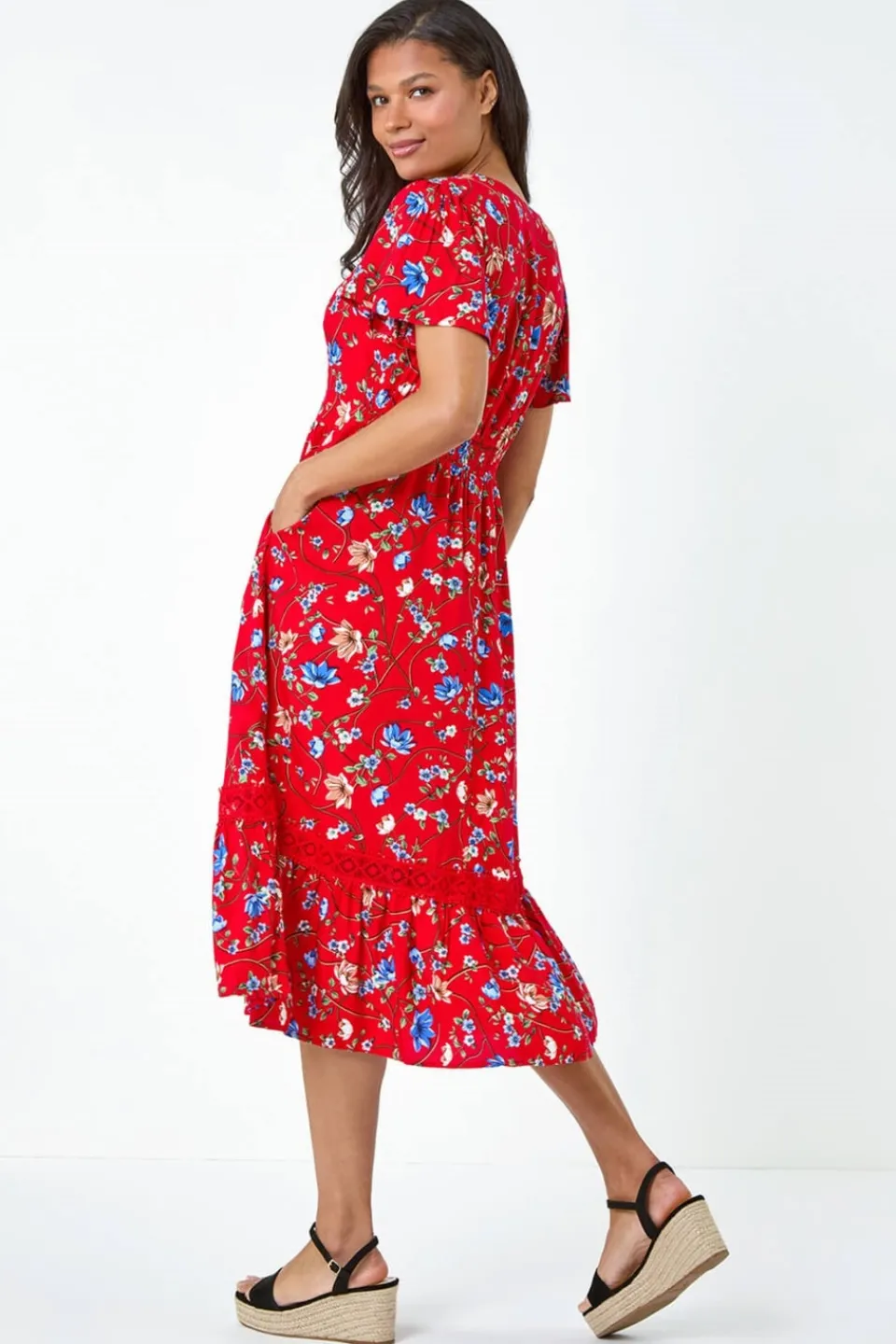 Dresses>Roman Red Floral Lace Trim Pocket Midi Dress
