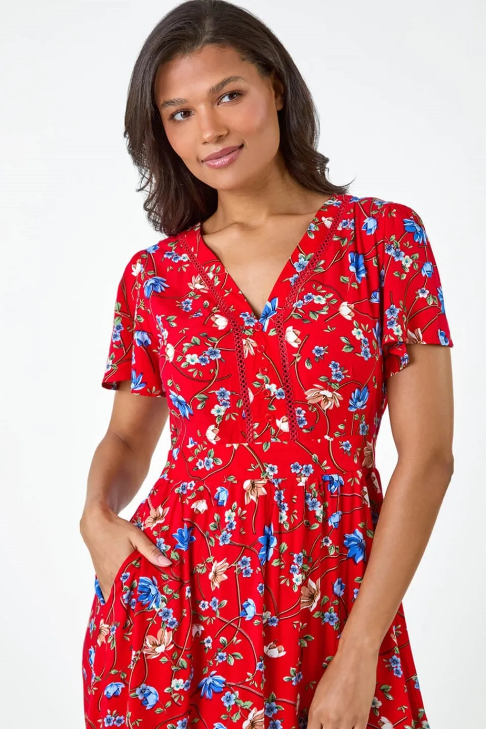 Dresses>Roman Red Floral Lace Trim Pocket Midi Dress