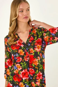 Tops>Roman Red Floral Longline Button Top