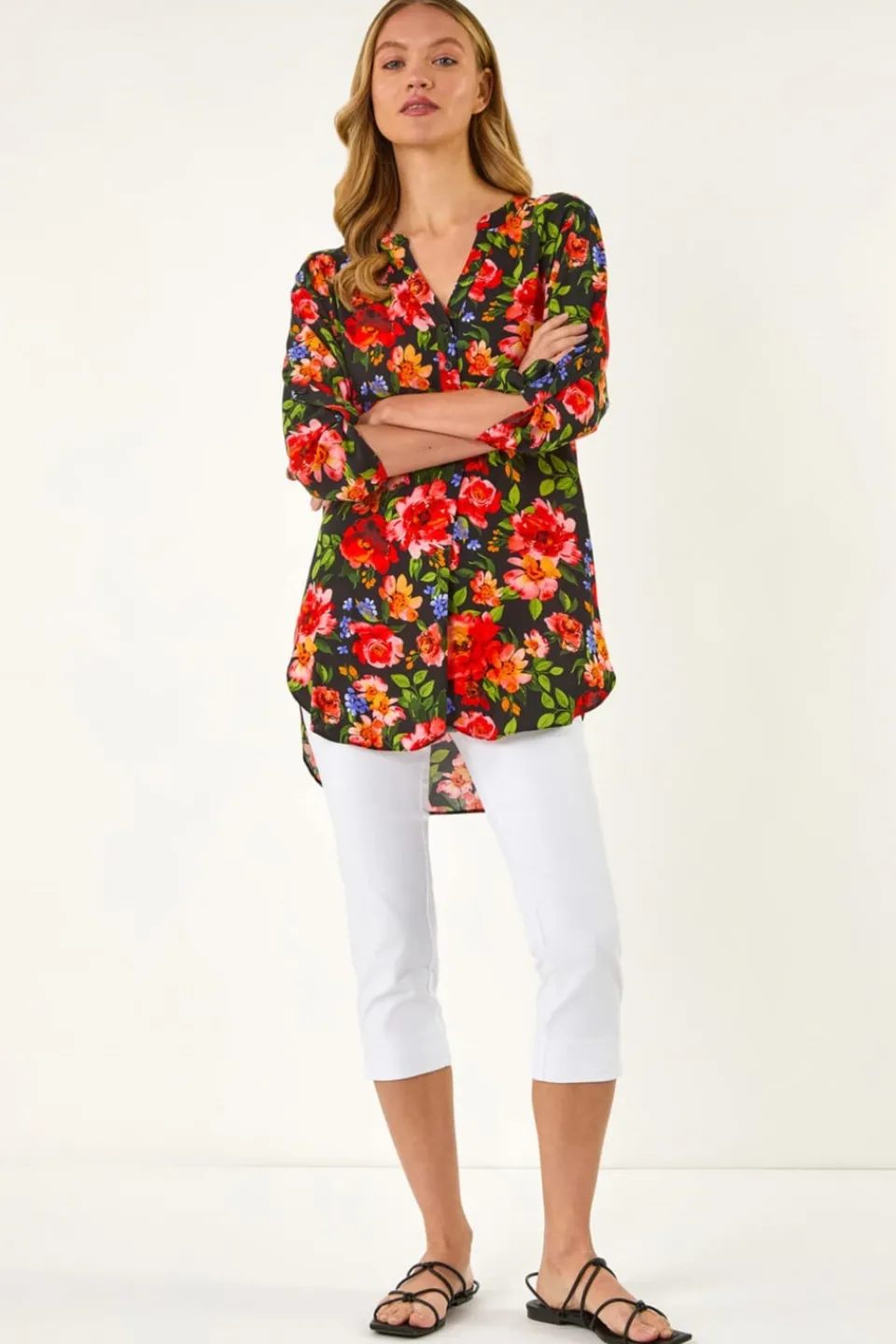 Tops>Roman Red Floral Longline Button Top