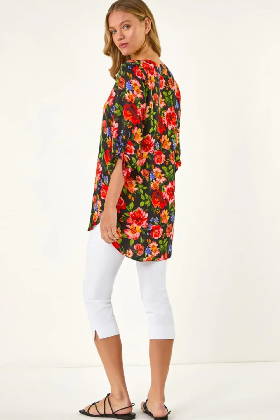 Tops>Roman Red Floral Longline Button Top