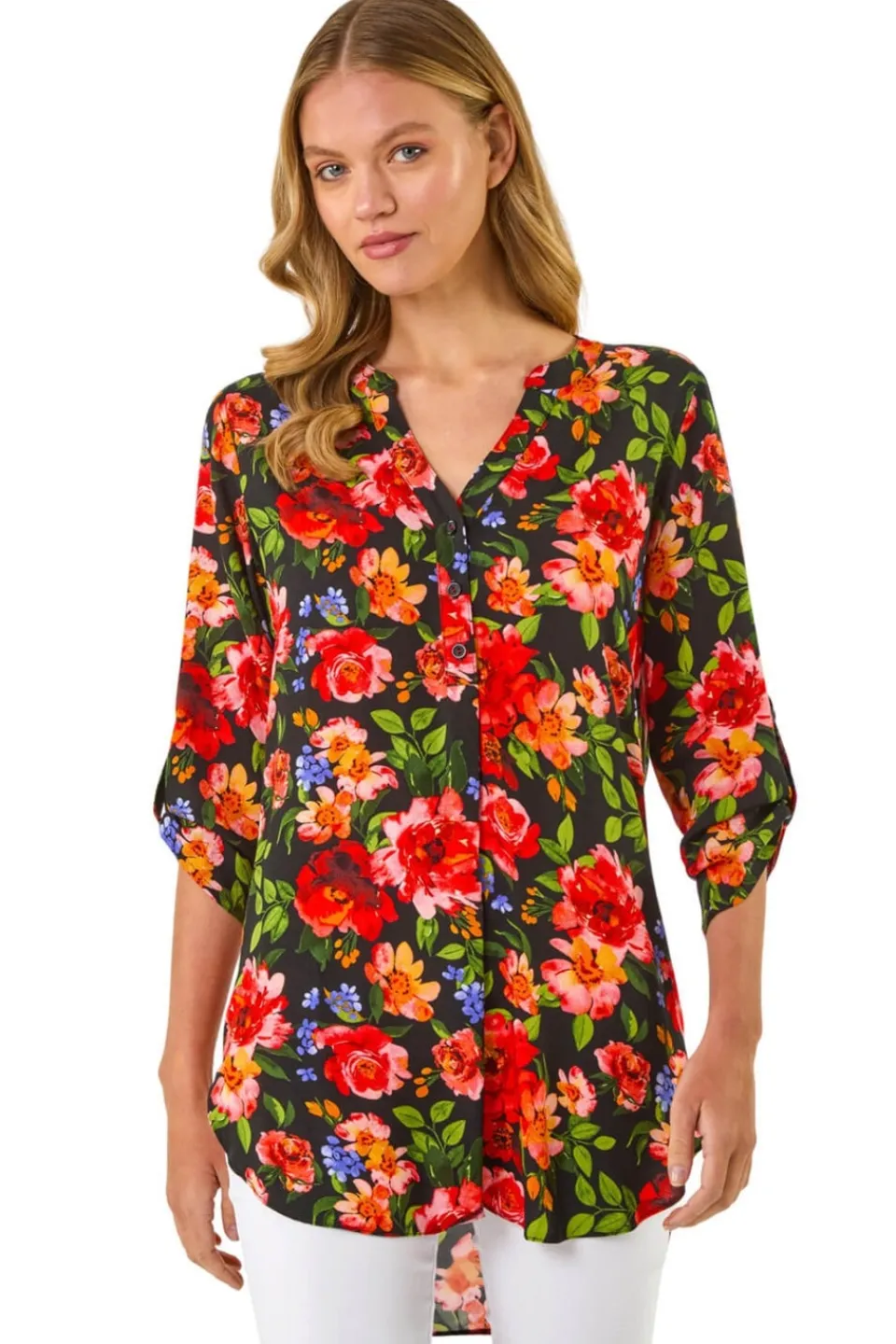 Tops>Roman Red Floral Longline Button Top
