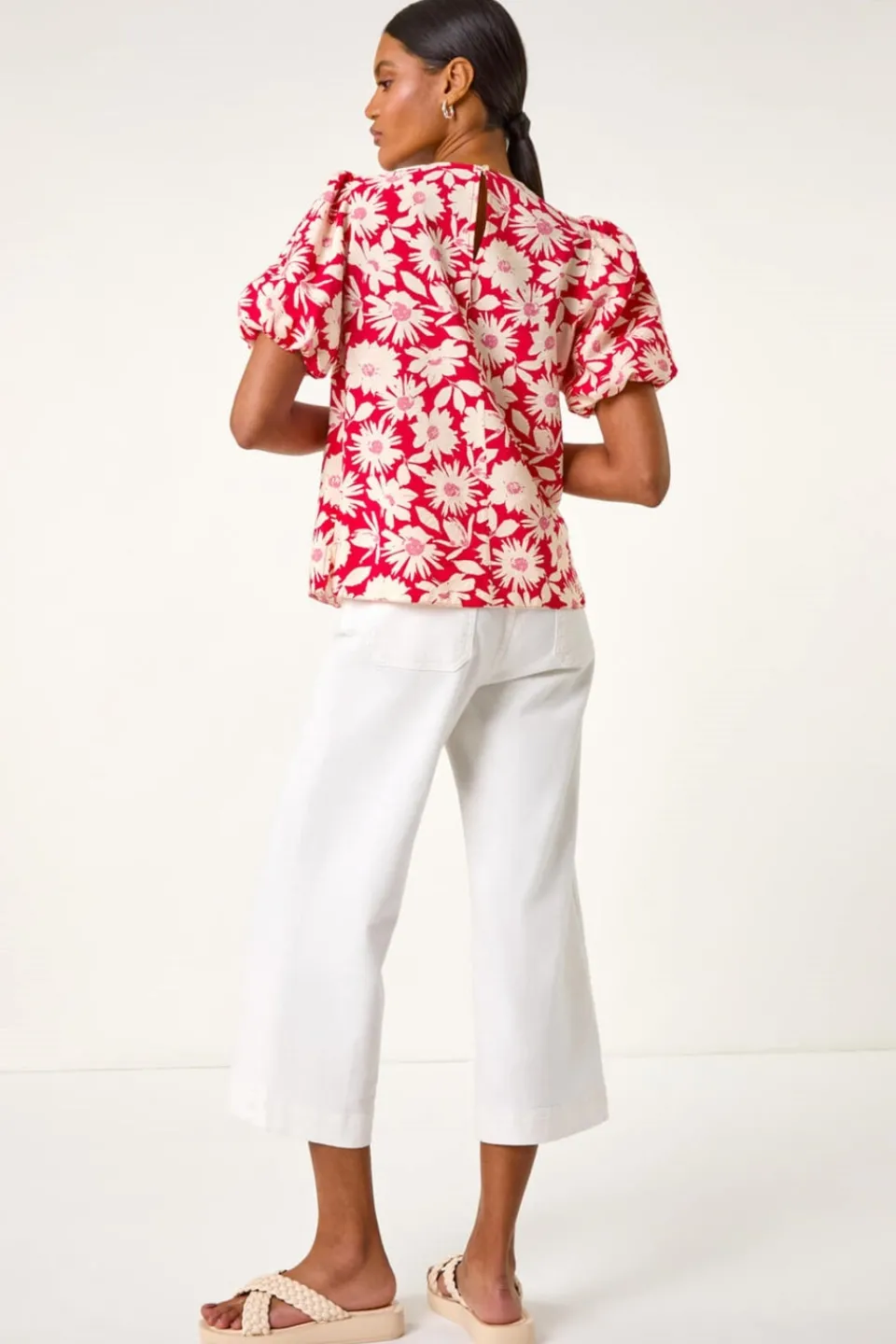 Tops>Roman Red Floral Print Balloon Sleeve Top