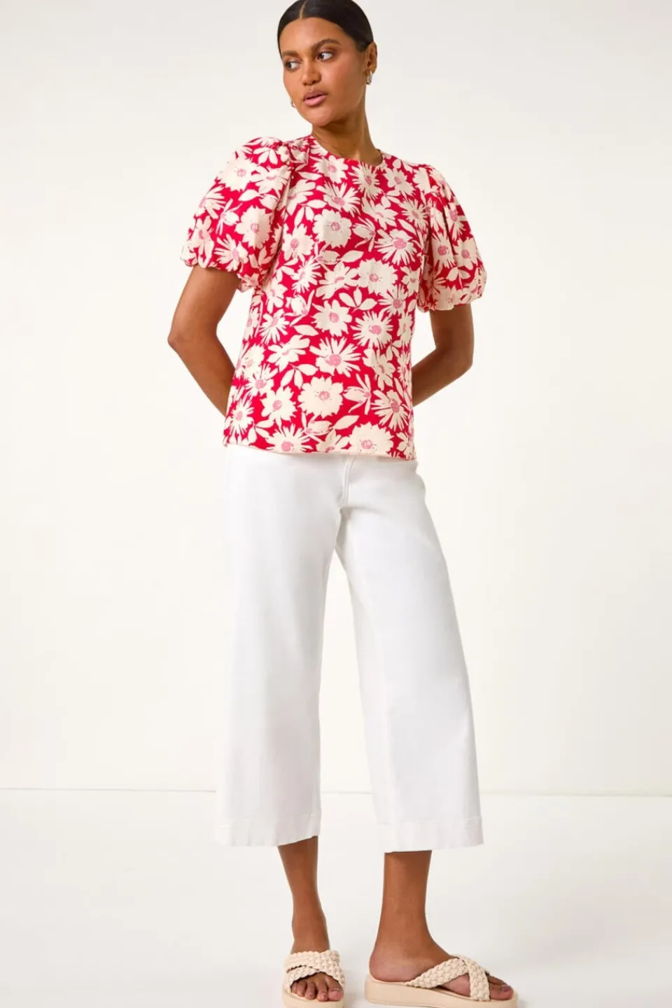 Tops>Roman Red Floral Print Balloon Sleeve Top