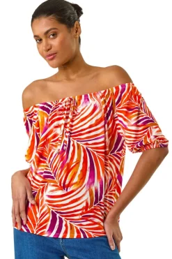 Tops>Roman Red Floral Print Bardot Stretch Top
