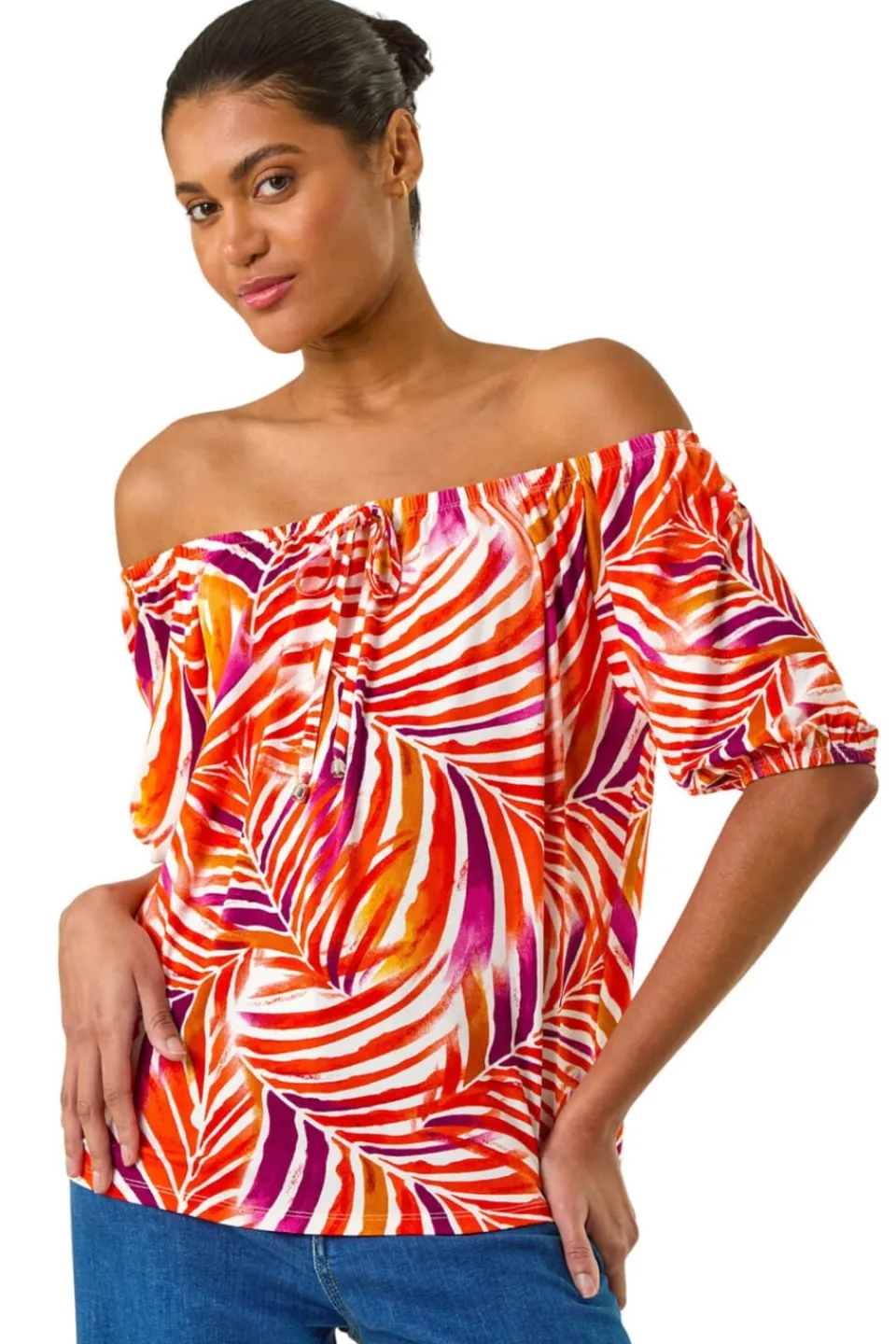 Tops>Roman Red Floral Print Bardot Stretch Top