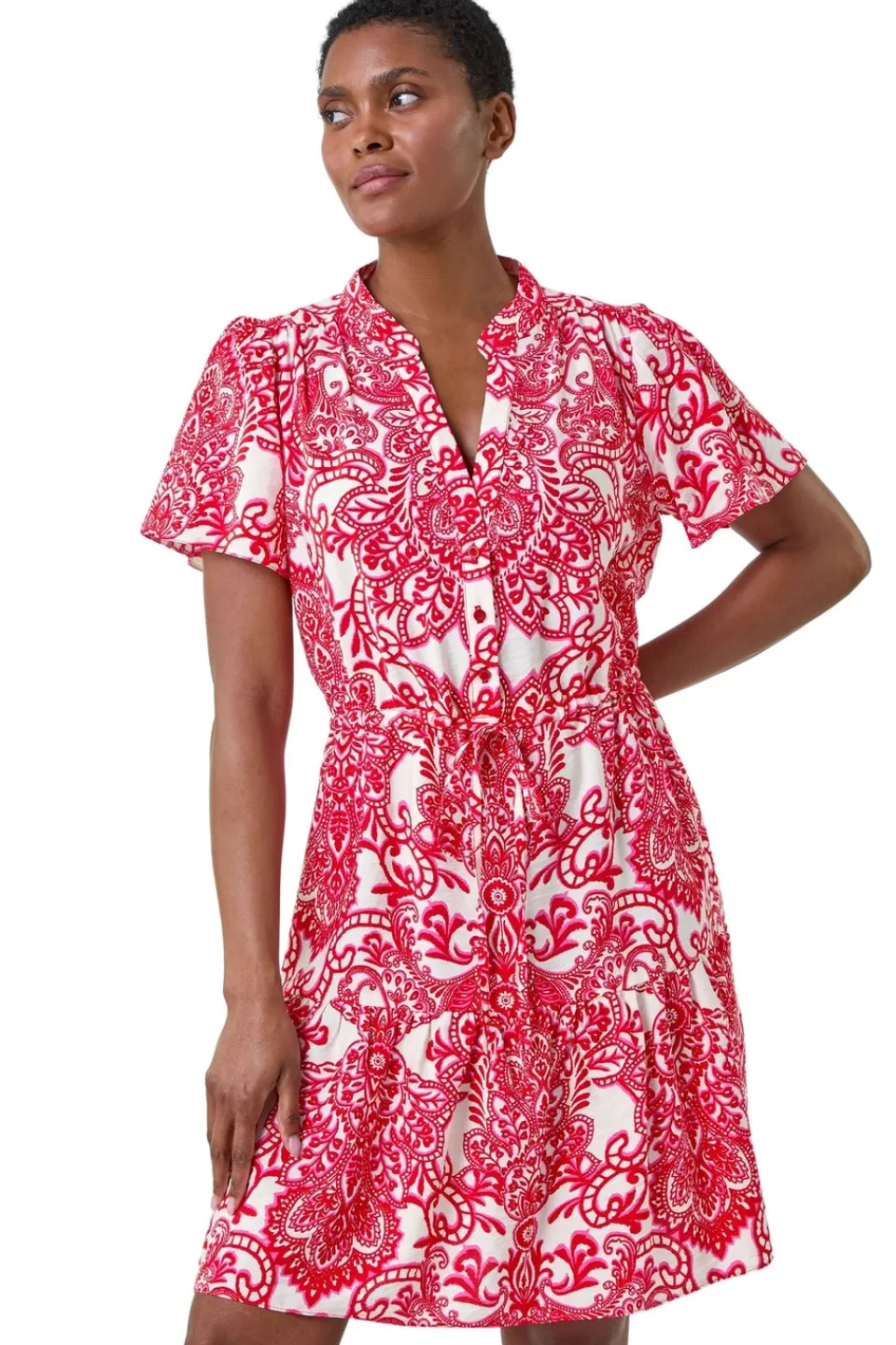 Dresses>Roman Red Floral Print Frill Hem Shirt Dress
