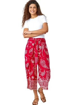 Trousers>Roman Paisley Print Wide Leg Cropped Trousers Red