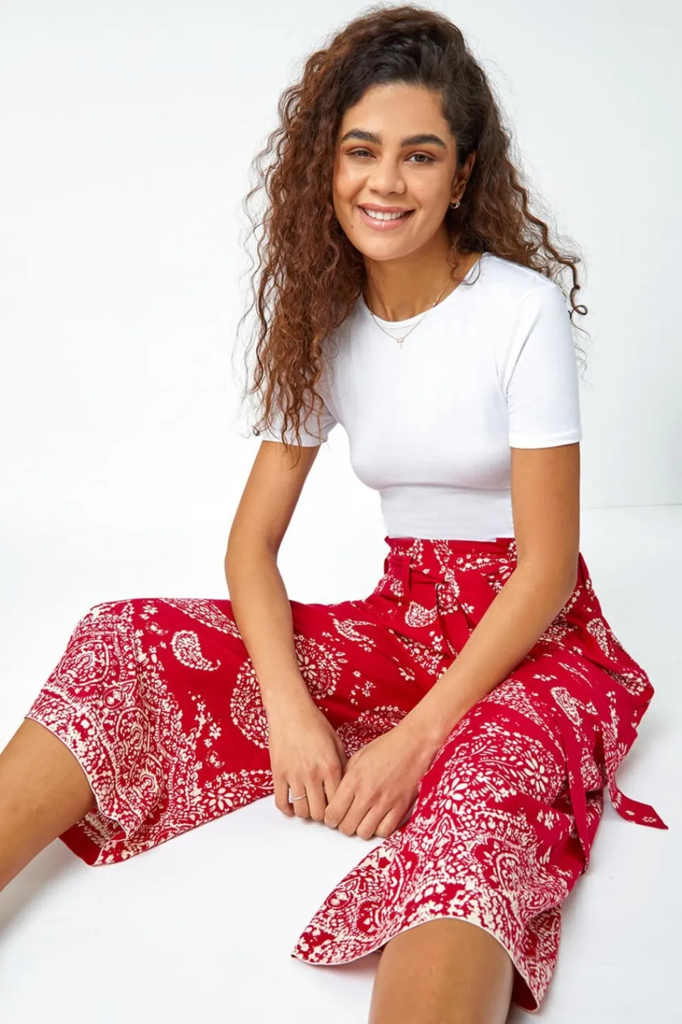 Trousers>Roman Paisley Print Wide Leg Cropped Trousers Red