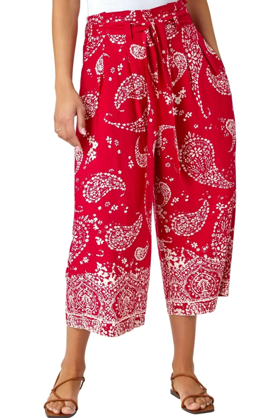 Trousers>Roman Paisley Print Wide Leg Cropped Trousers Red