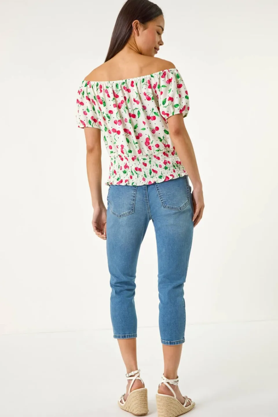 Tops>Roman Red Petite Cherry Print Bardot Blouson Top