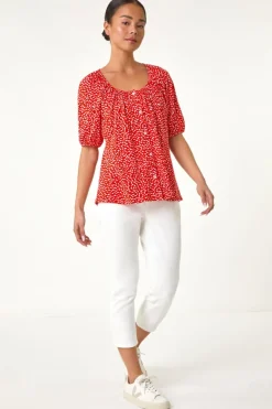 Tops>Roman Red Petite Ditsy Print Button Front Top