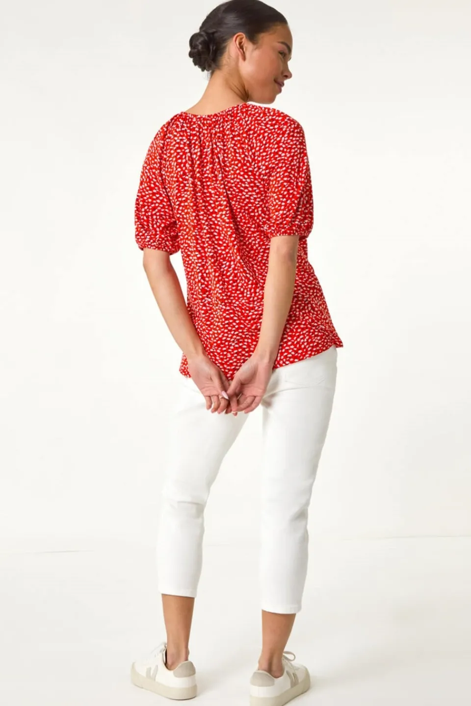 Tops>Roman Red Petite Ditsy Print Button Front Top