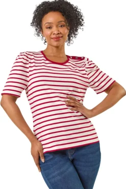 T-Shirts>Roman Red Petite Stripe Ruched Sleeve Top
