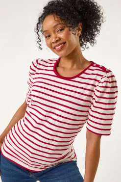 T-Shirts>Roman Red Petite Stripe Ruched Sleeve Top