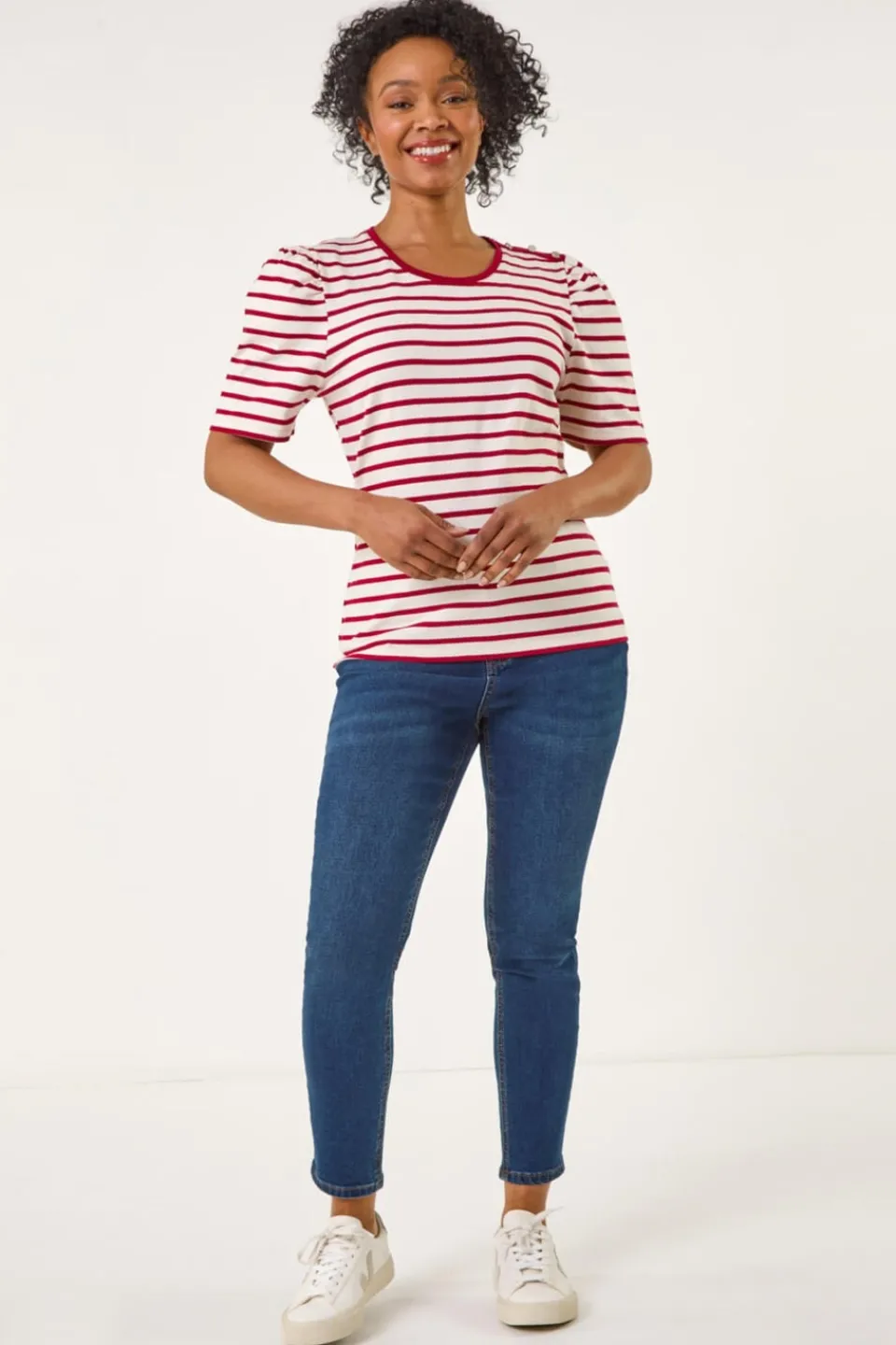 T-Shirts>Roman Red Petite Stripe Ruched Sleeve Top