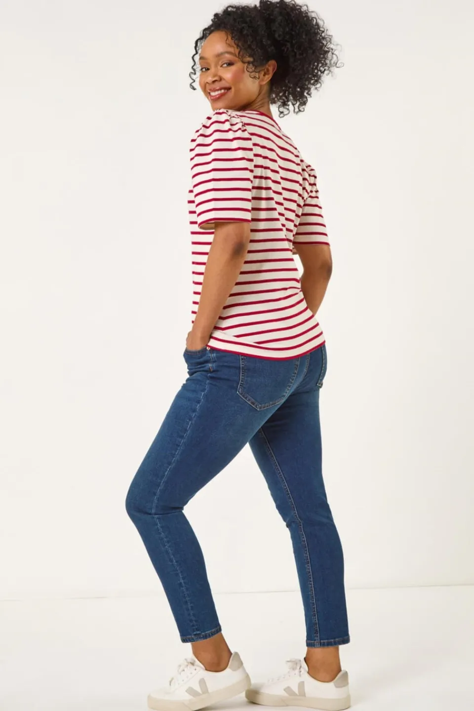 T-Shirts>Roman Red Petite Stripe Ruched Sleeve Top