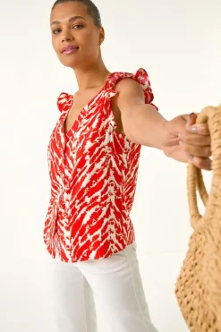 Blouses & Shirts>Roman Red Printed Frill Sleeve Button Blouse