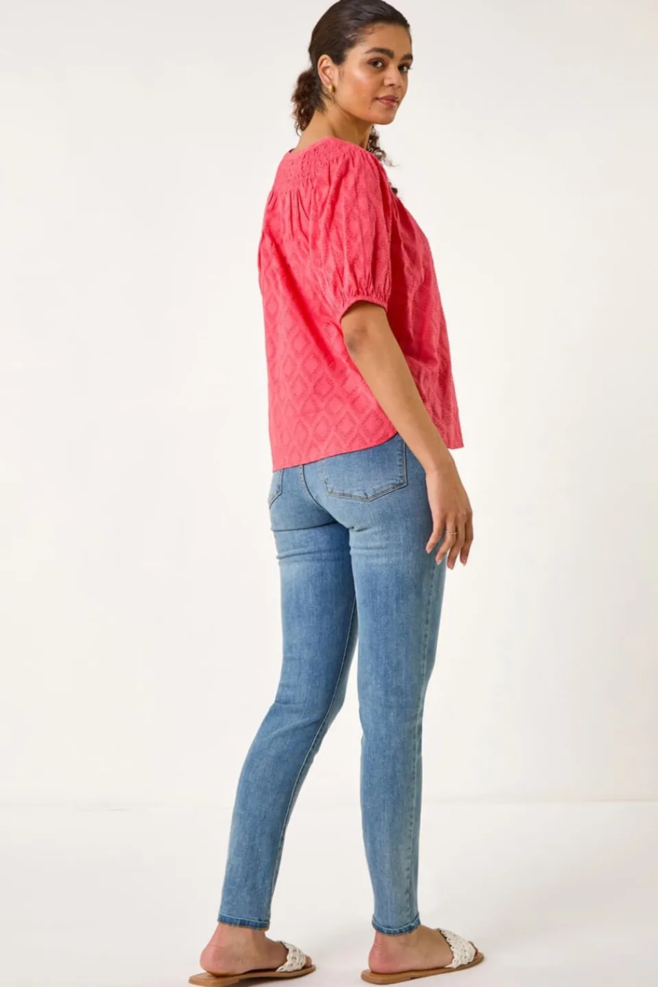 Tops>Roman Red Shirred Neck Textured Top