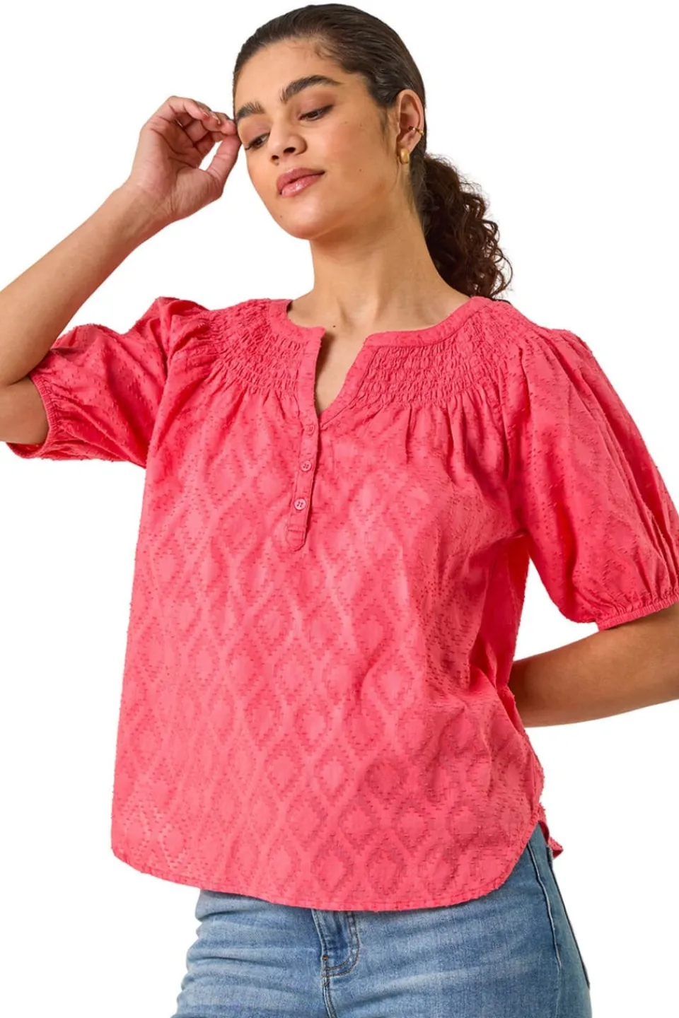 Tops>Roman Red Shirred Neck Textured Top