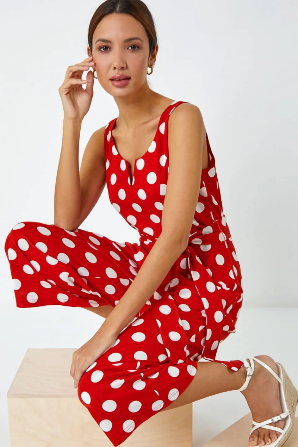 Jumpsuits & Playsuits>Roman Red Spot Print Belted Jumpsuit