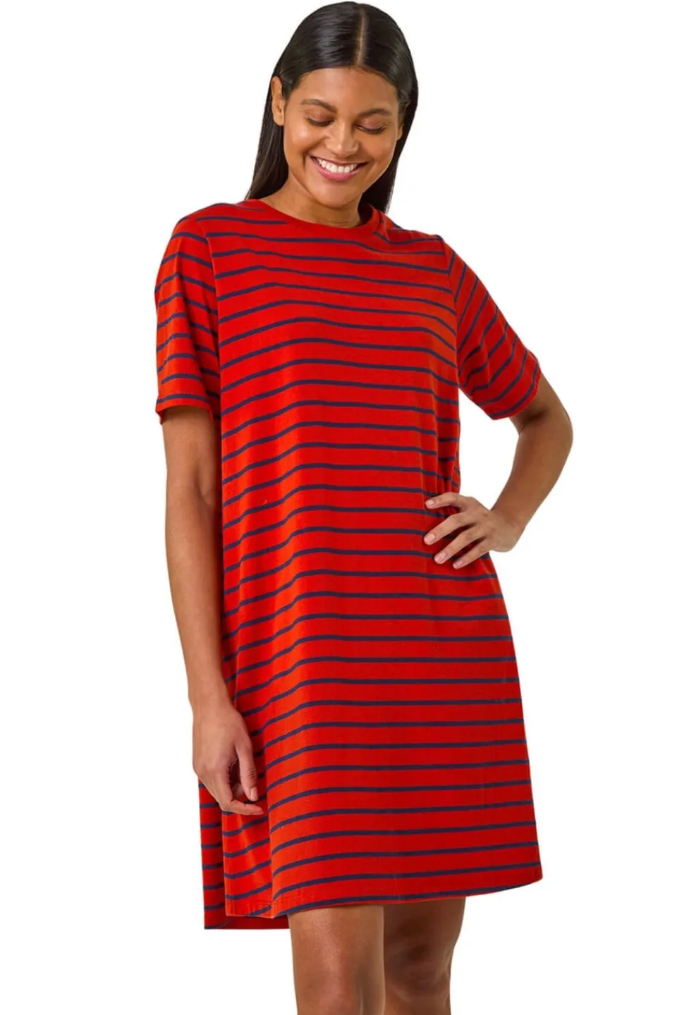 Dresses>Roman Red Stripe Print Jersey T Shirt Dress