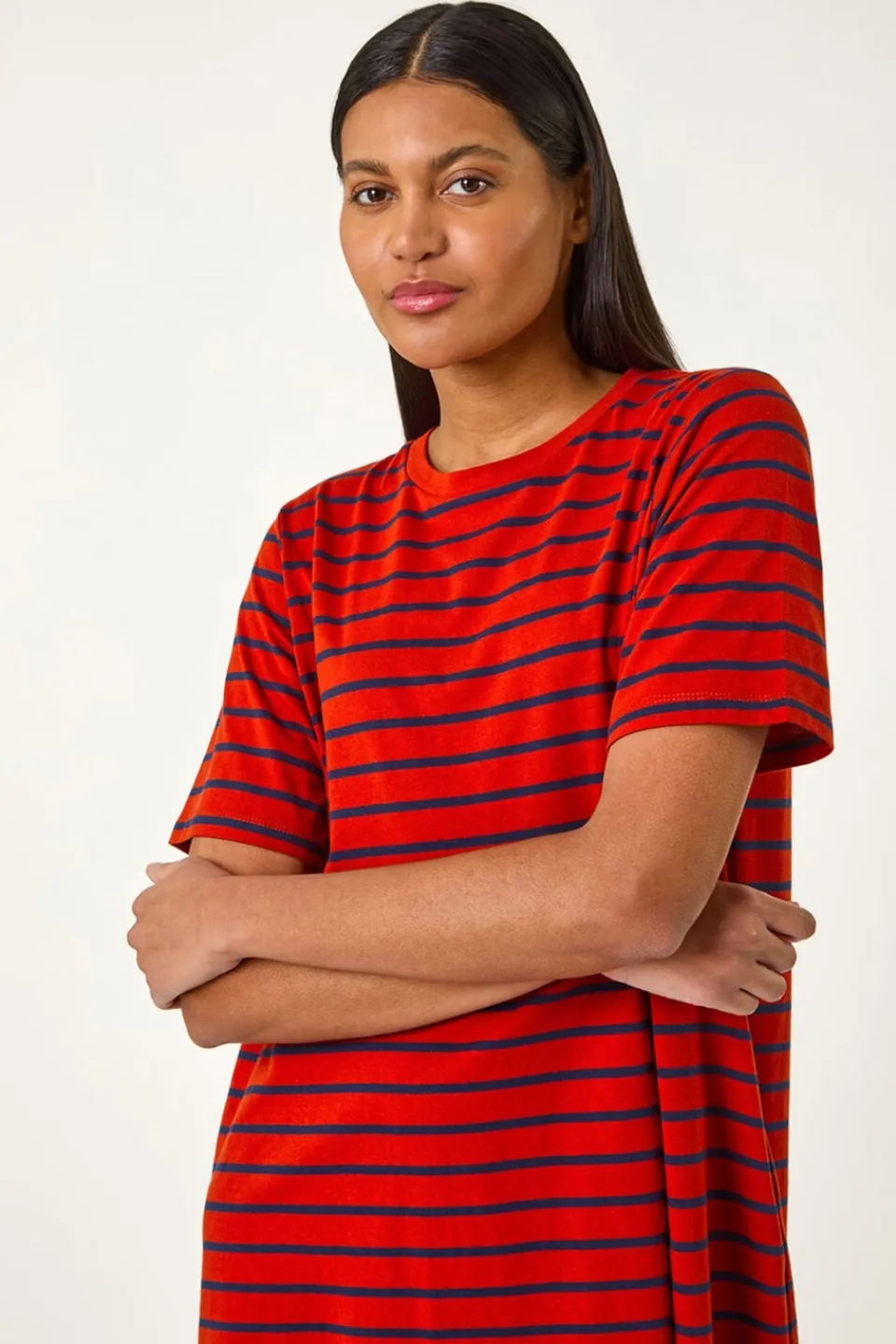 Dresses>Roman Red Stripe Print Jersey T Shirt Dress