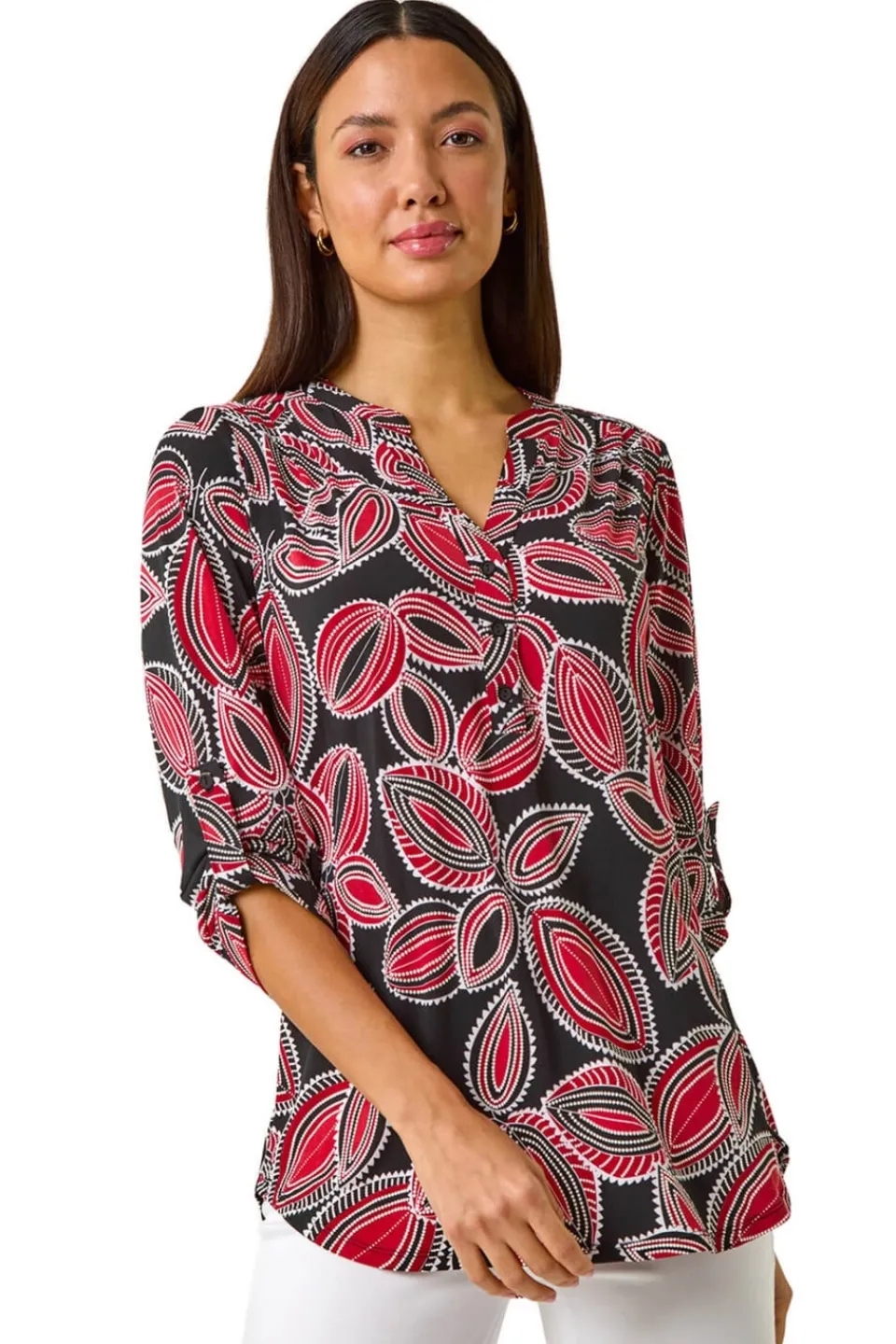 Blouses & Shirts>Roman Red Textured Leaf Print V-Neck Stretch Shirt