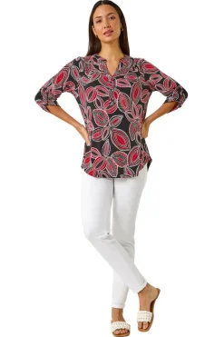 Blouses & Shirts>Roman Red Textured Leaf Print V-Neck Stretch Shirt