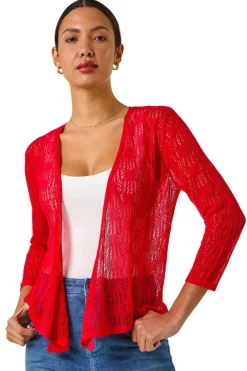 Tops>Roman Red Textured Light Knit Shrug