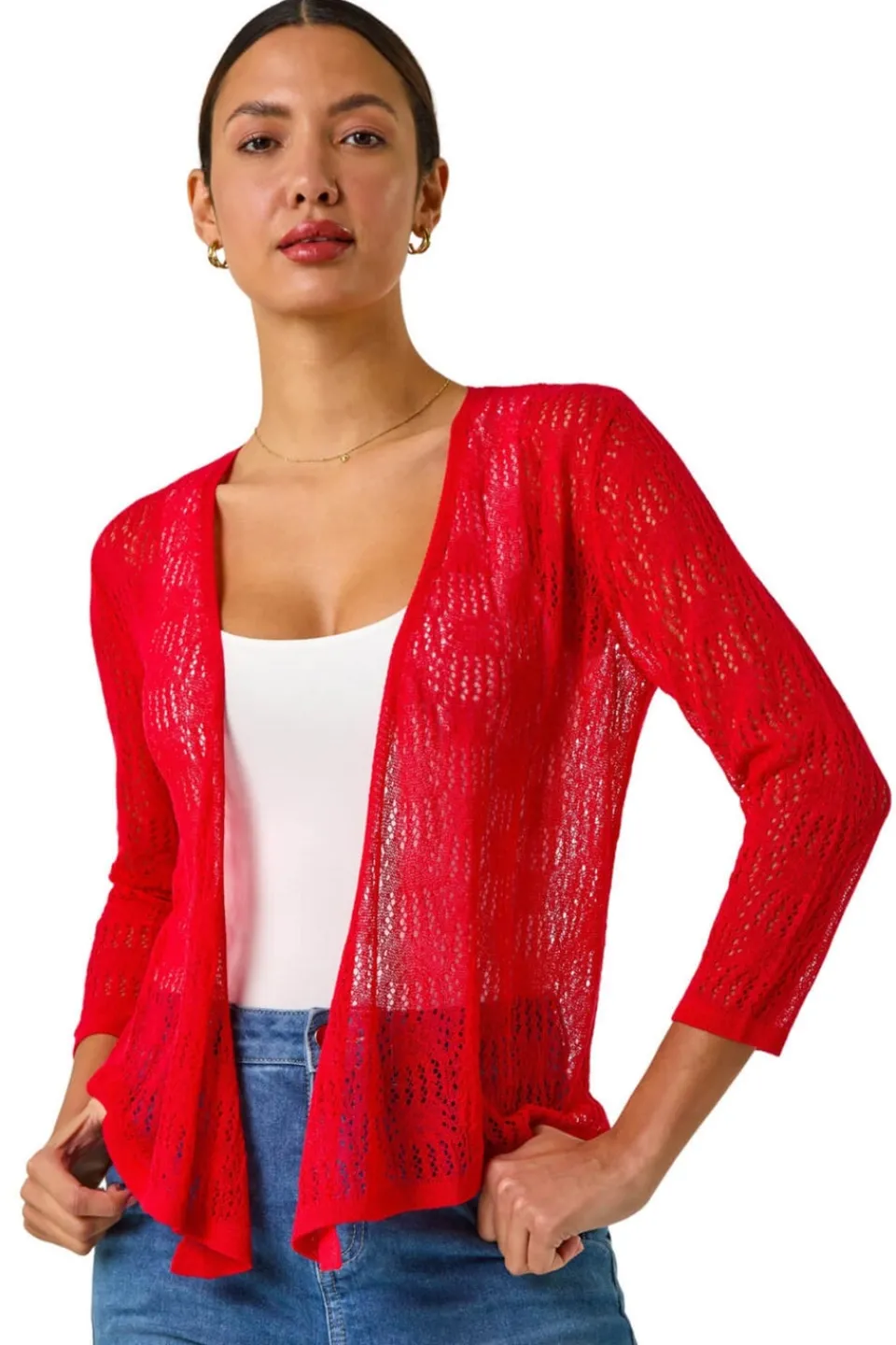 Tops>Roman Red Textured Light Knit Shrug