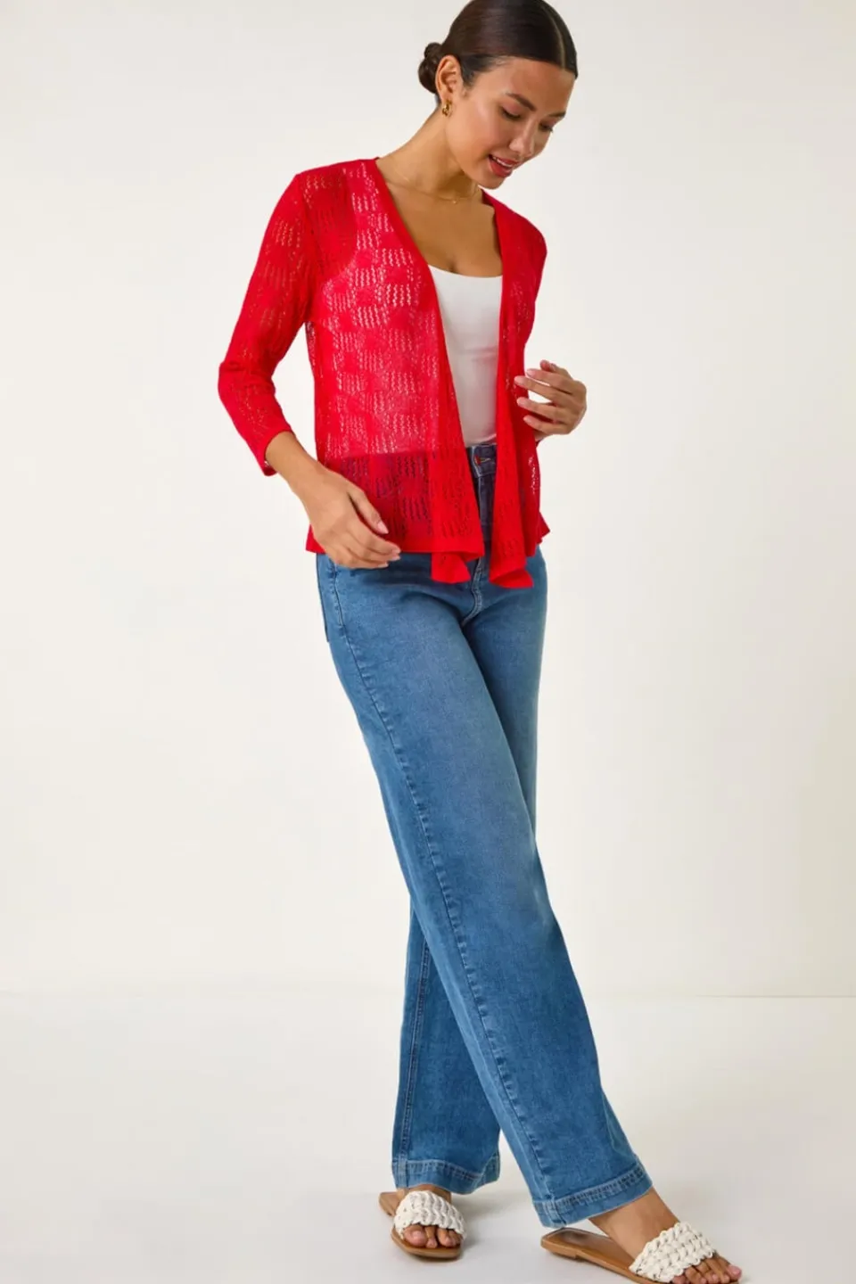 Tops>Roman Red Textured Light Knit Shrug