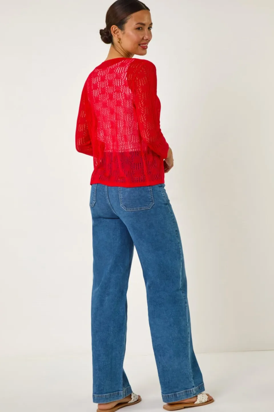 Tops>Roman Red Textured Light Knit Shrug
