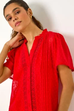 Tops>Roman Red Textured Spot Lace Trim Blouse