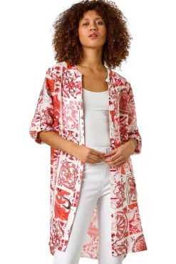 Tops>Roman Red Tile Print Longline Blouse