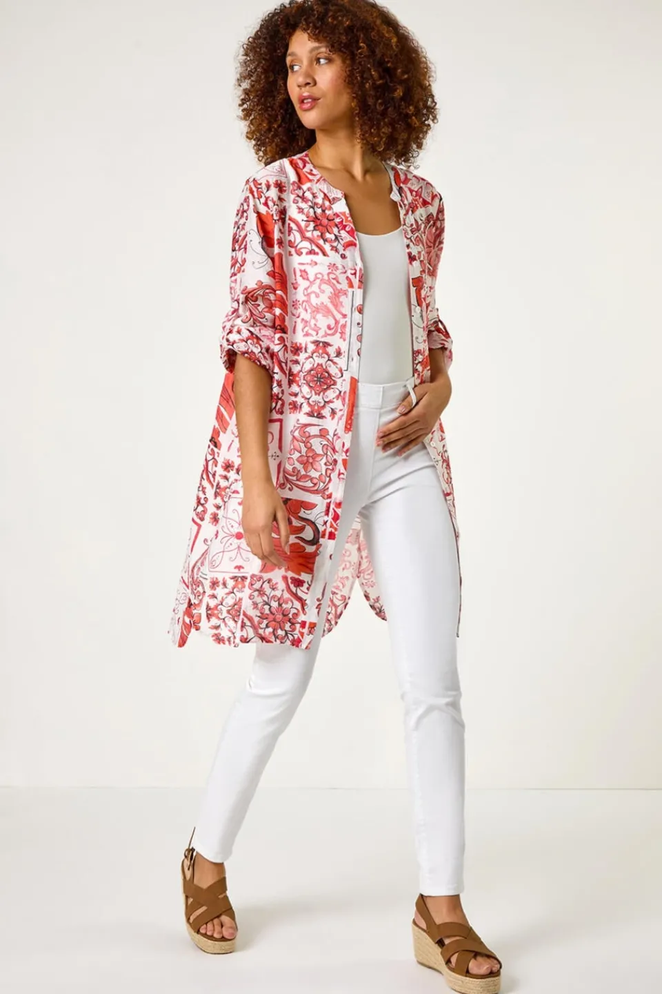 Tops>Roman Red Tile Print Longline Blouse