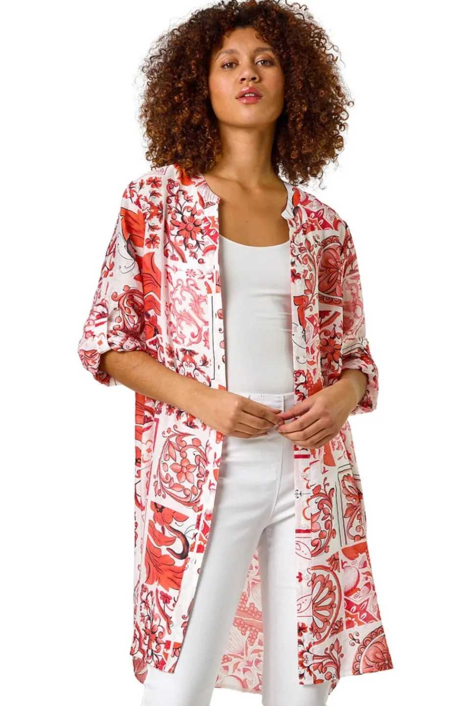 Tops>Roman Red Tile Print Longline Blouse
