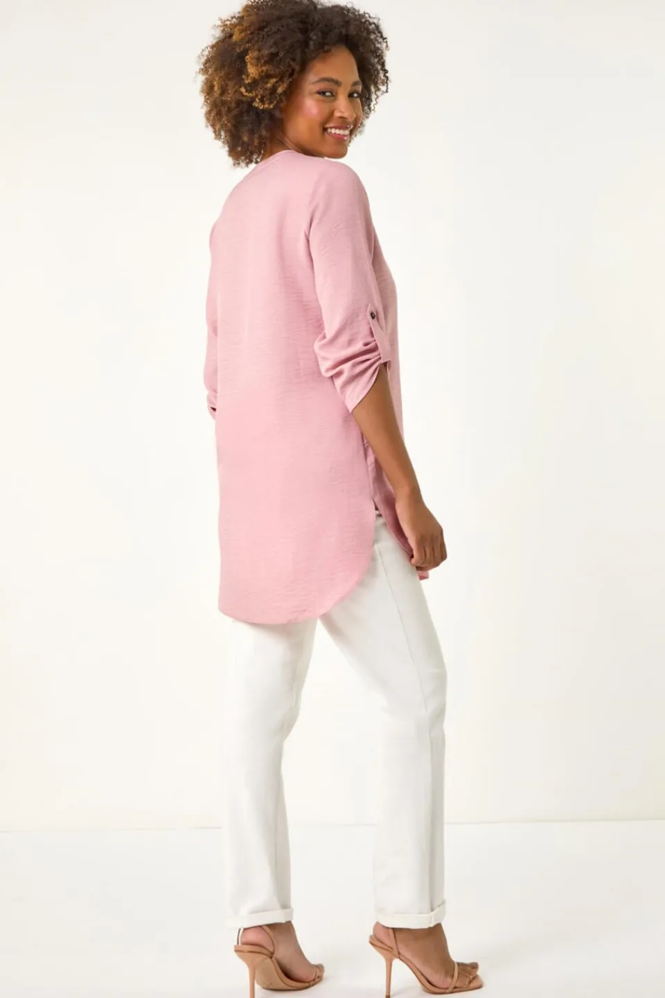 Tops>Roman Longline V Neck Button Tunic Top Rose