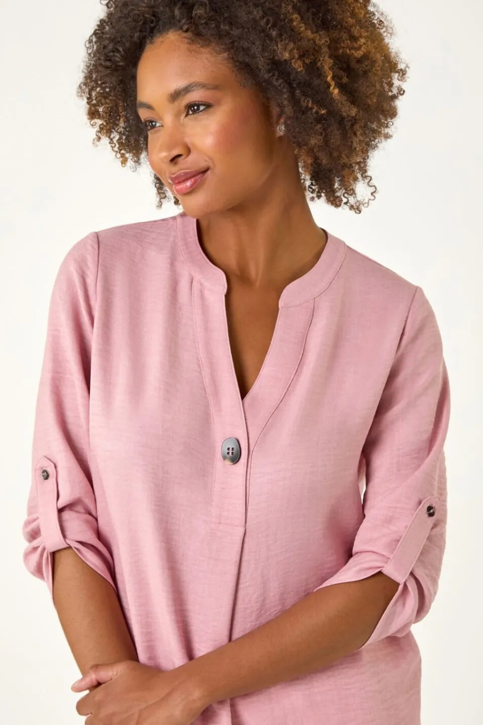 Tops>Roman Longline V Neck Button Tunic Top Rose