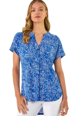 Tops>Roman Royal Blue Abstract Print V Neck Stretch Top